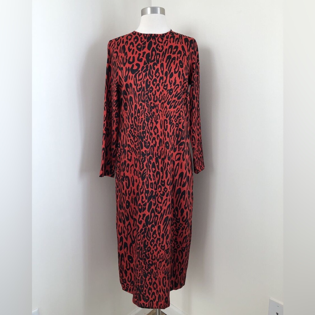 New Zara Womens Animal Leopard Print Midi Dress Silky Red Black